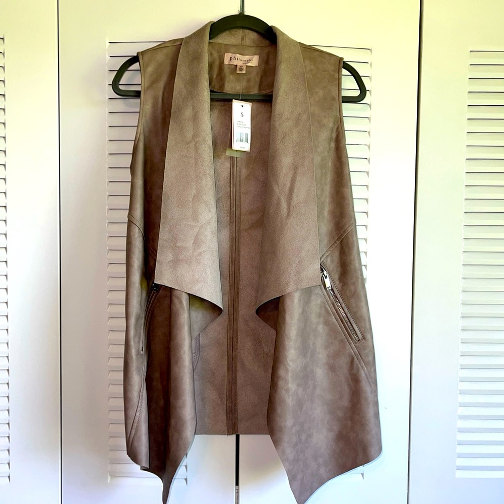 Philosophy Women’s Faux Leather Open Vest Buff Stone NWT